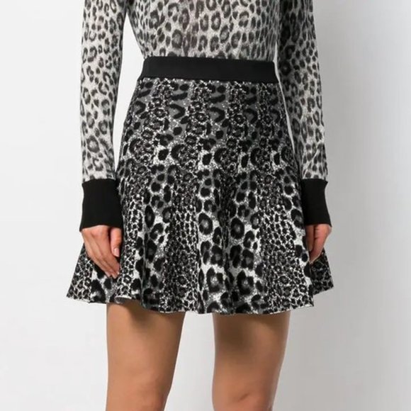 Michael Kors Mixed Leopard Jacquard Pleated Mini Skirt Size XL Gunmetal Black - Picture 10 of 13